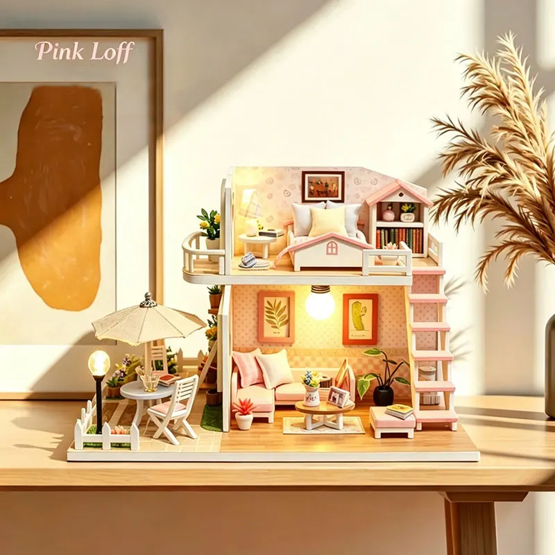 Pink DIY Miniature Dollhouse Kit 2-Level Sweet Home with LED Light Outdoor Patio Creative Handmade Model for Birthday Gift