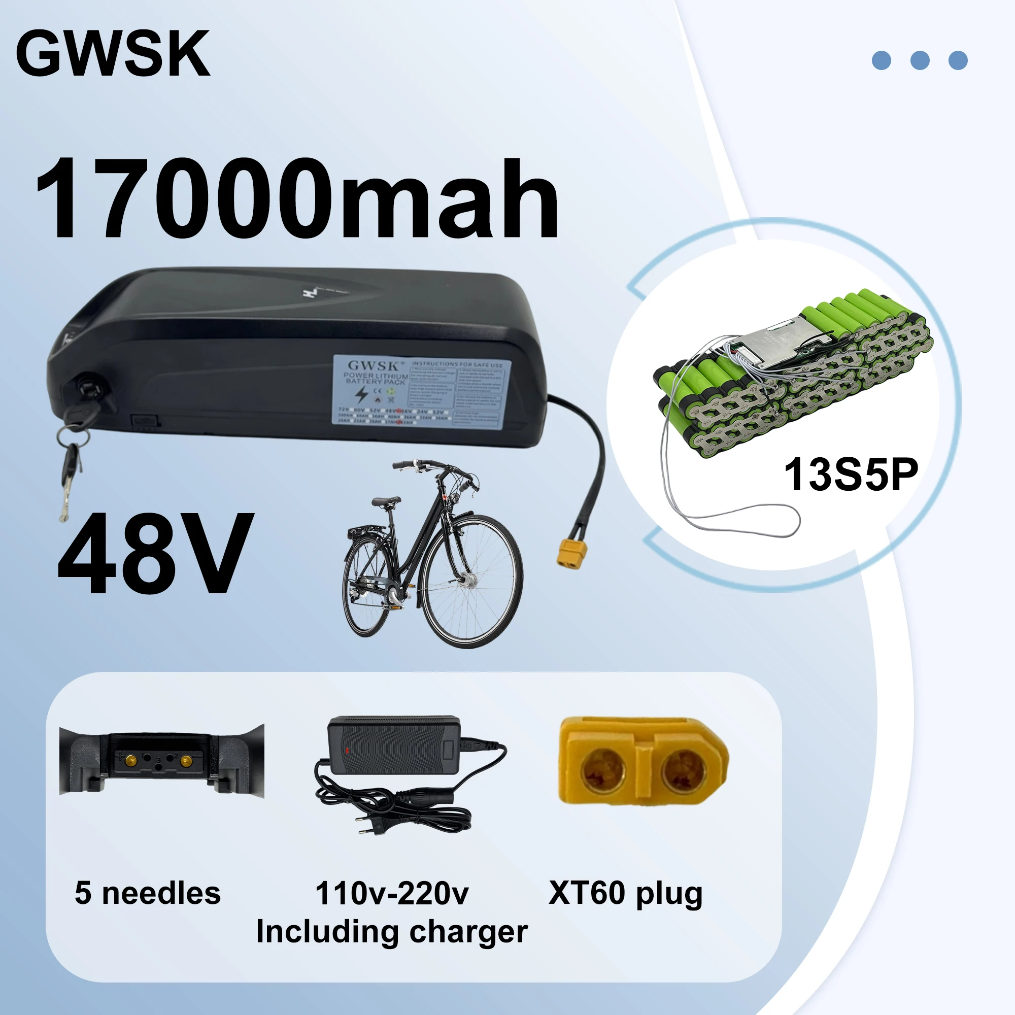48V17AH Hailong 18650 lithium-ionbatterij, ontlading 5-pins, ingebouwd BMS-systeem + oplader toepassing 2000W