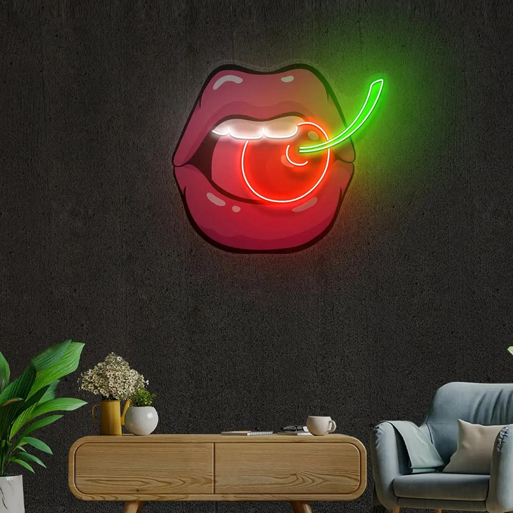 Neon Sign Lips with Cherry Led Light Custom Bedroom Living Room Wall Decoration Signs Acrylic Artwork Neon Bar Pub Decor Lights