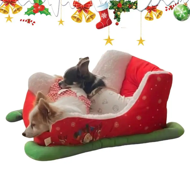 Christmas Sleigh Dog Bed Washable Pet Bed With Cute Sleigh Design Soft And Comfortable Pet Couch Cat Bed For Pet Dog Puppy Cat