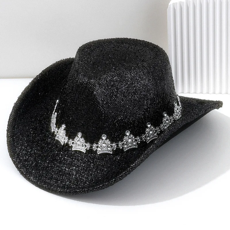 Unisex, European and American style, elegant denim hat with exquisite, three-dimensional silver rhinestone crown embellishments,
