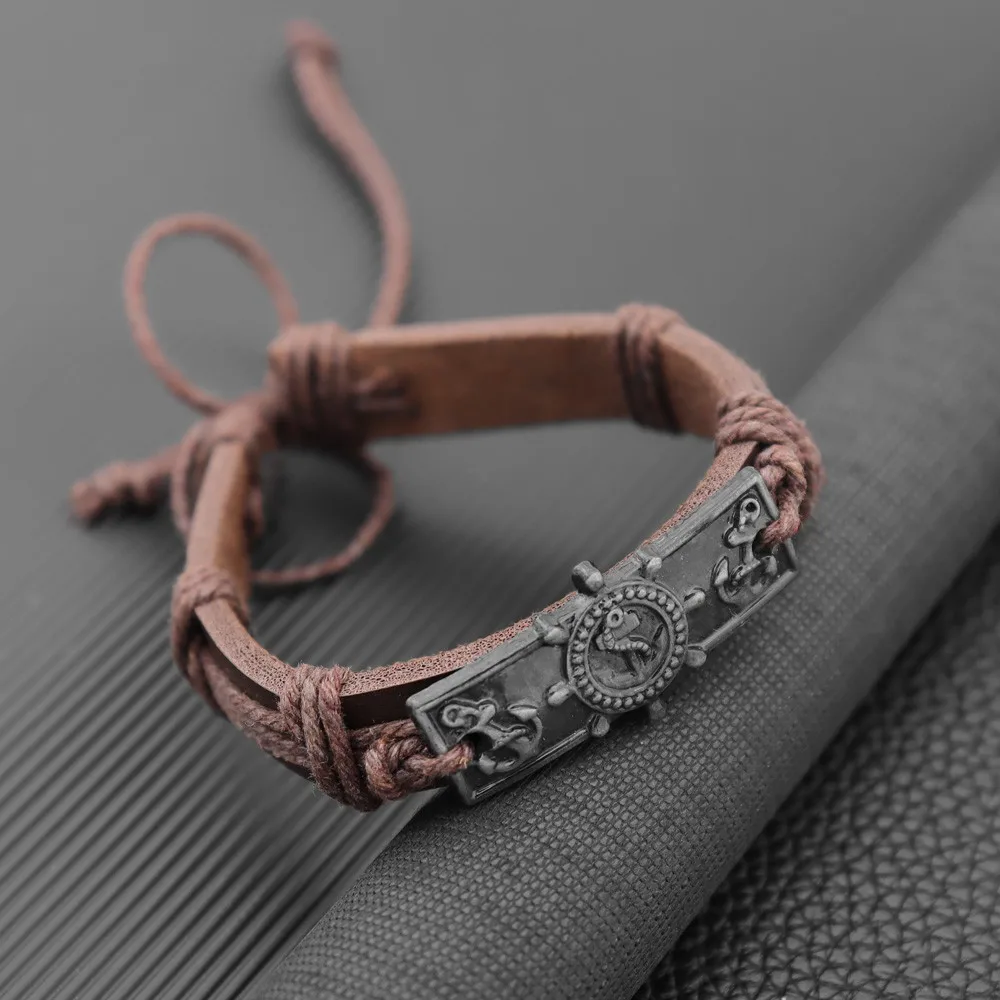 Vintage Nautical Anchor Rudder Leather Bracelet for Men Retro Pirate Metal Charm Adjustable Rope Wristband Jewelry Gift