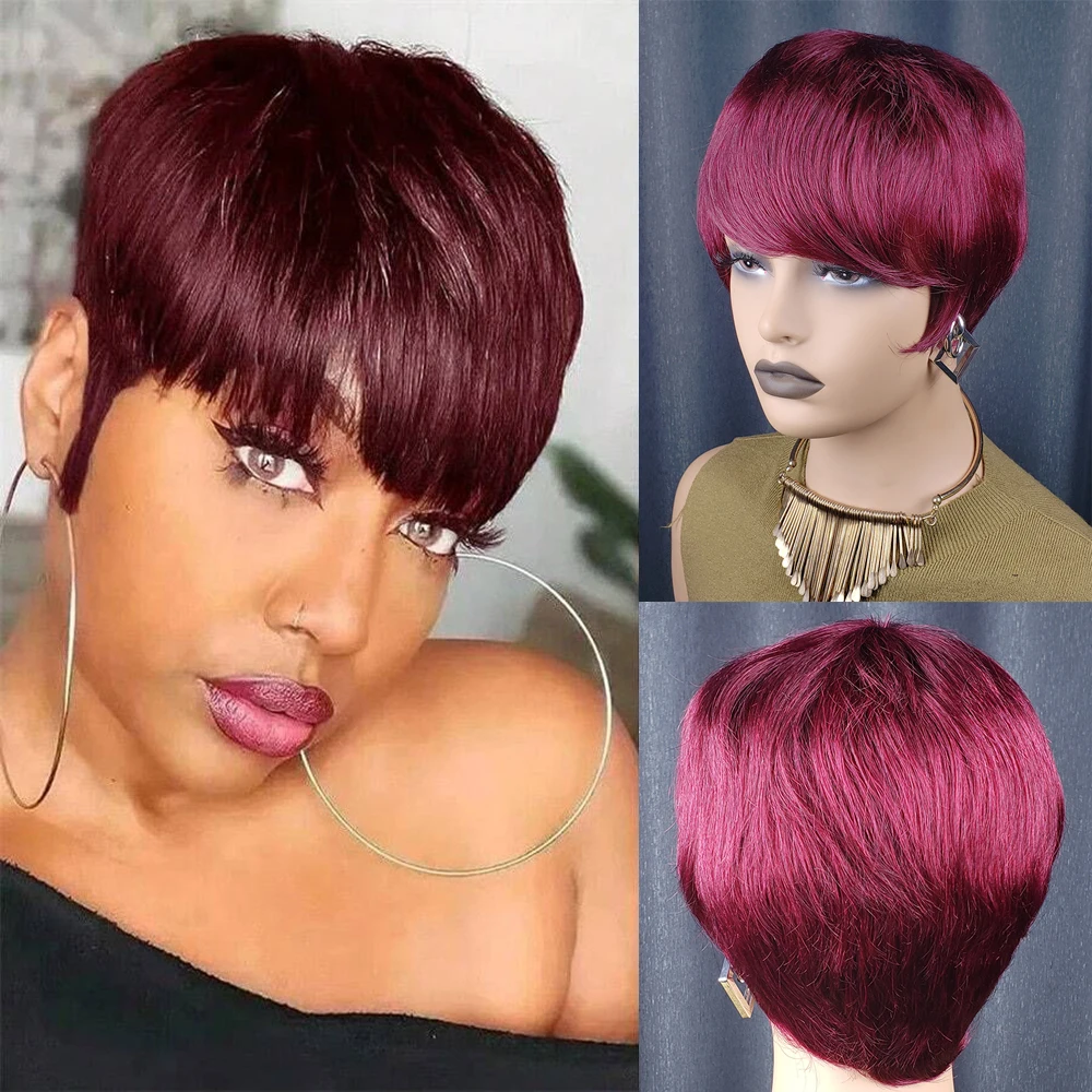 Peruki 99J z włosów naturalnych wysokiej jakości, krótka peruka pixie cut, krótka prosta peruka z włosów naturalnych wykonana w całości maszynowo dla kobiet, krótka peruka z włosów naturalnych.