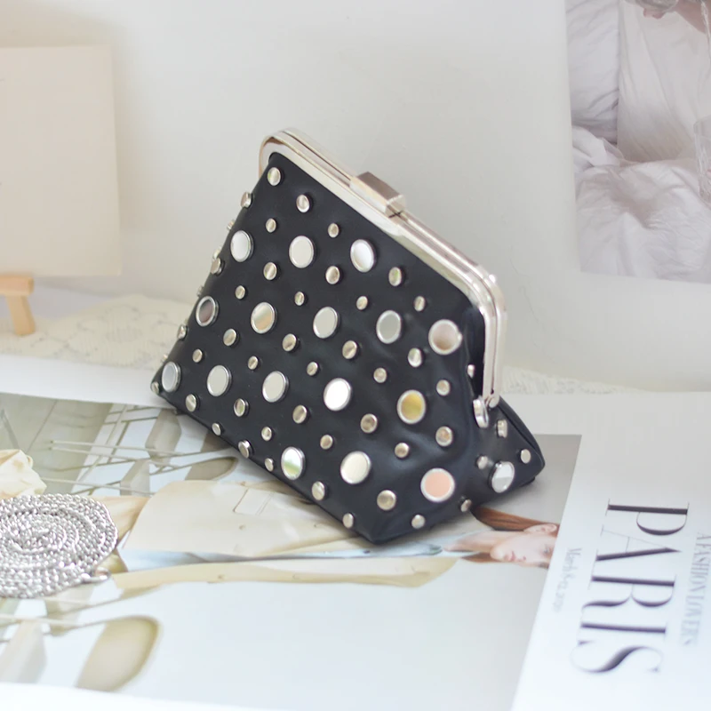 Hot Selling Luxury Trendy Black PU Shoulder Crossbody Bag Irregular Stud Chain Small Bling Hand Bags for Women