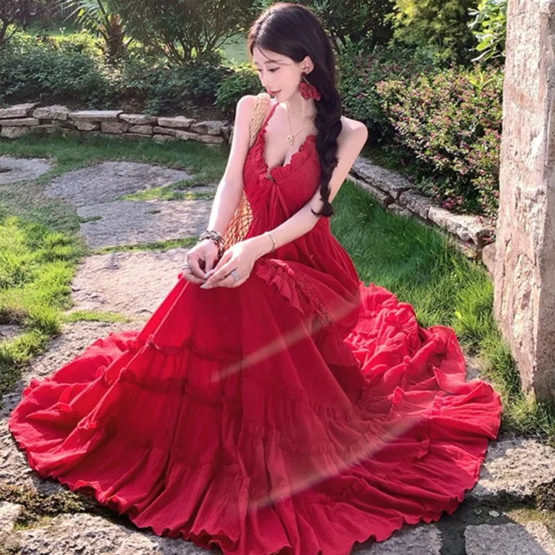2025 French Retro Red Long Dress V-neck Halter Dress Women Summer Sexy Backless Cake Dresses Casual Boho Beach Holiday Dress