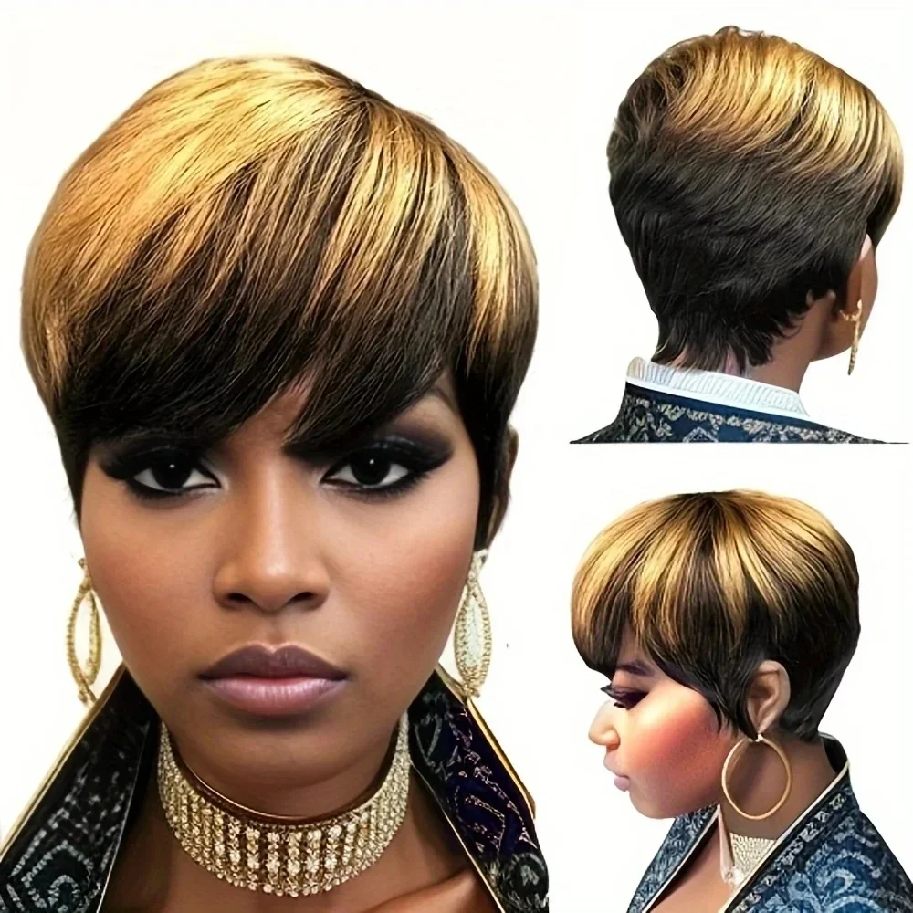 ピクシーカットウィッグ人毛機械製人毛ウィッグブラジリアンハニーブロンドウィッグ