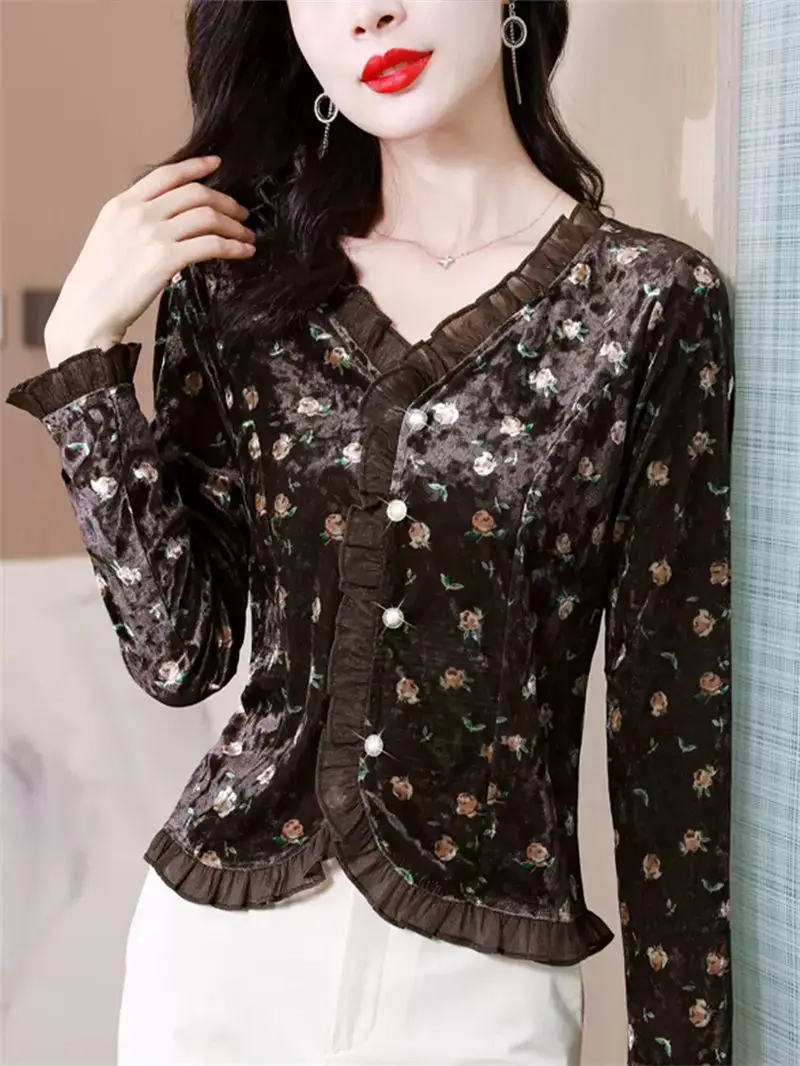 2023 Spring Long Sleeve Velvet Blouse Women's Fashionable Shirt V-Neck Retro Printed Short Tops Z048