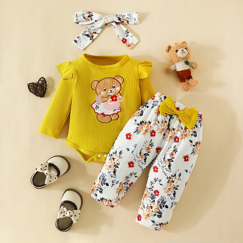 Baby Products Newborn Baby Girls Clothes Set  Cartoon Bear Embroidered Bodysuit Top Printed Pants Hairband 3-Piece Set Outfits