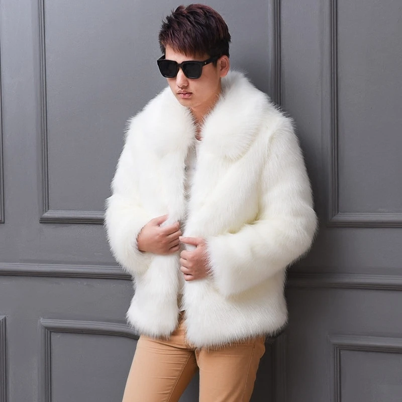 Boys White Black Faux Fur Overcoat Winter Clothing Men Warm Fur Coat Windbreaker Button Up Streetwear Oversize Male Outerwear