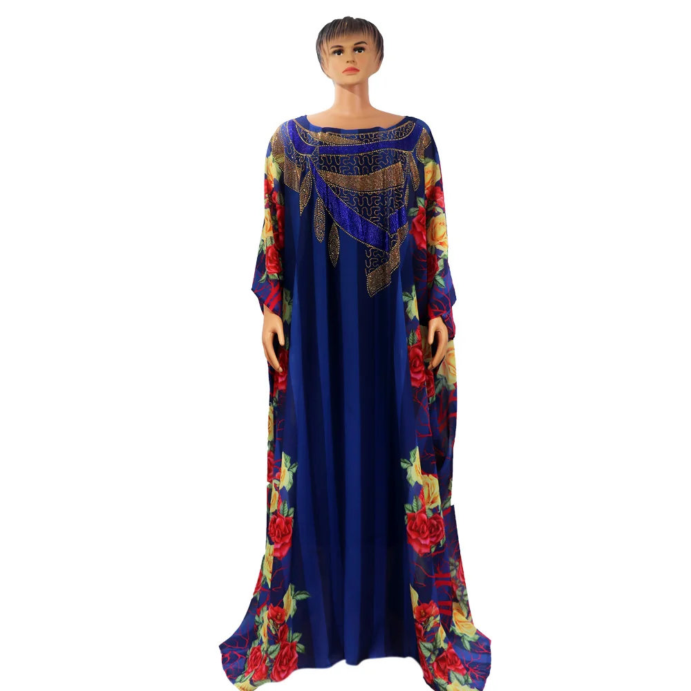 African mom fashionable chiffon printed dress long robe large swing luxury diamond decoration with inner stretch inner skirt