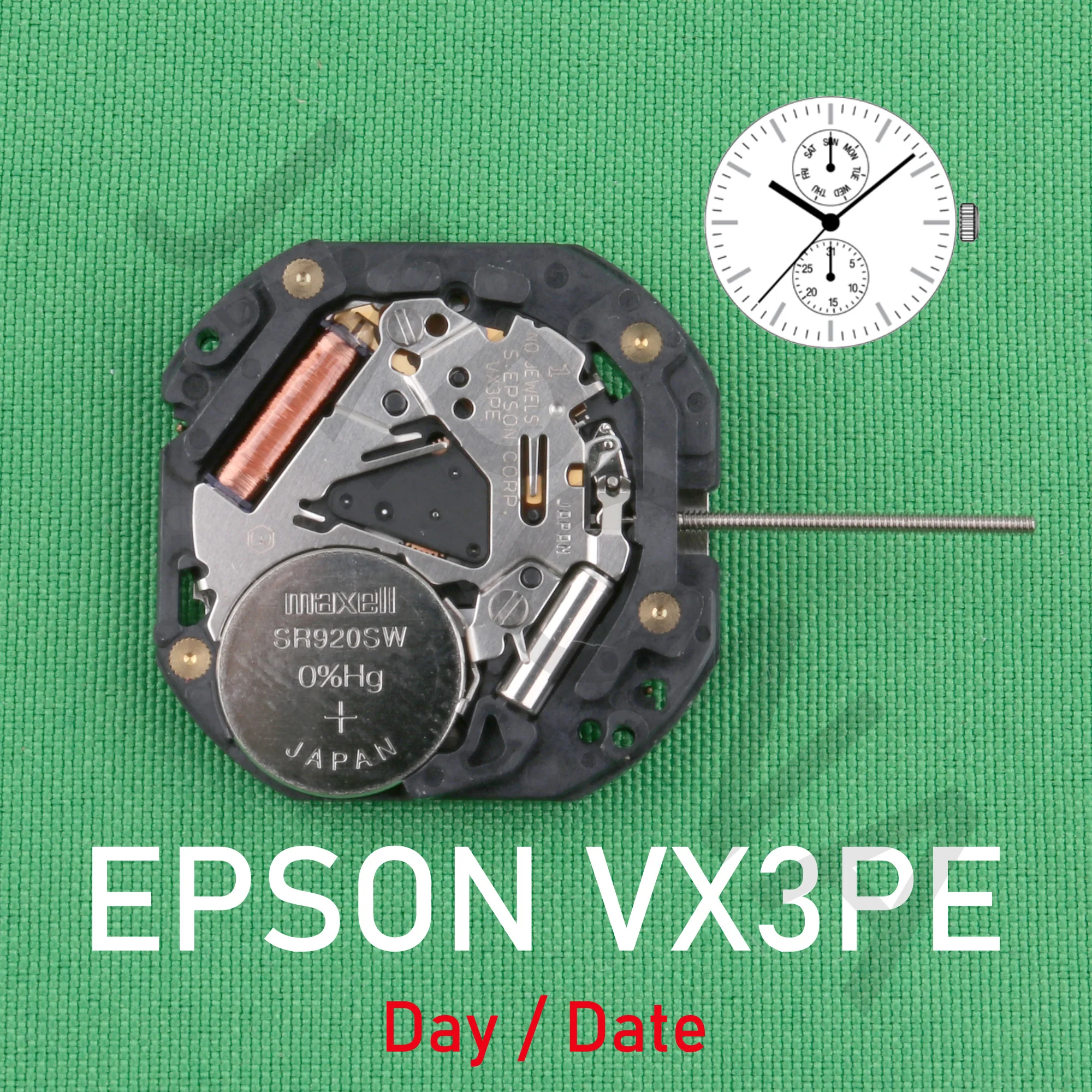 Movimento de quartzo analógico Epson vx3p, 3 ponteiros (h/m/s) e 2 olhos com indicadores dia/data, 10 1/2 polegadas