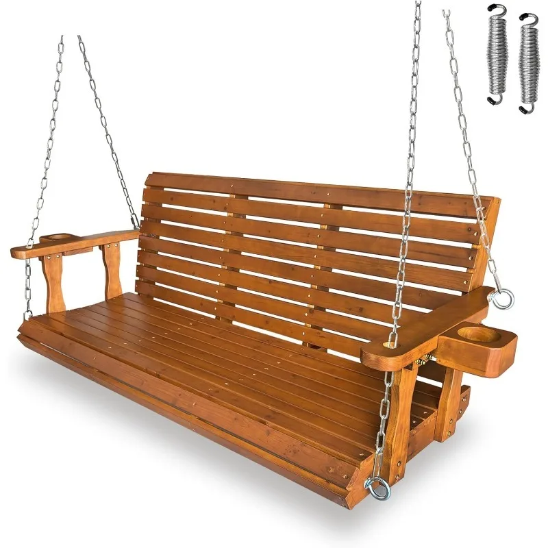 Wooden Porch Swing 2-Seater, Bench Swing with Cupholders, Hanging Chains and 7mm Springs, Heavy Duty 800 LBS, for Outdoor Patio