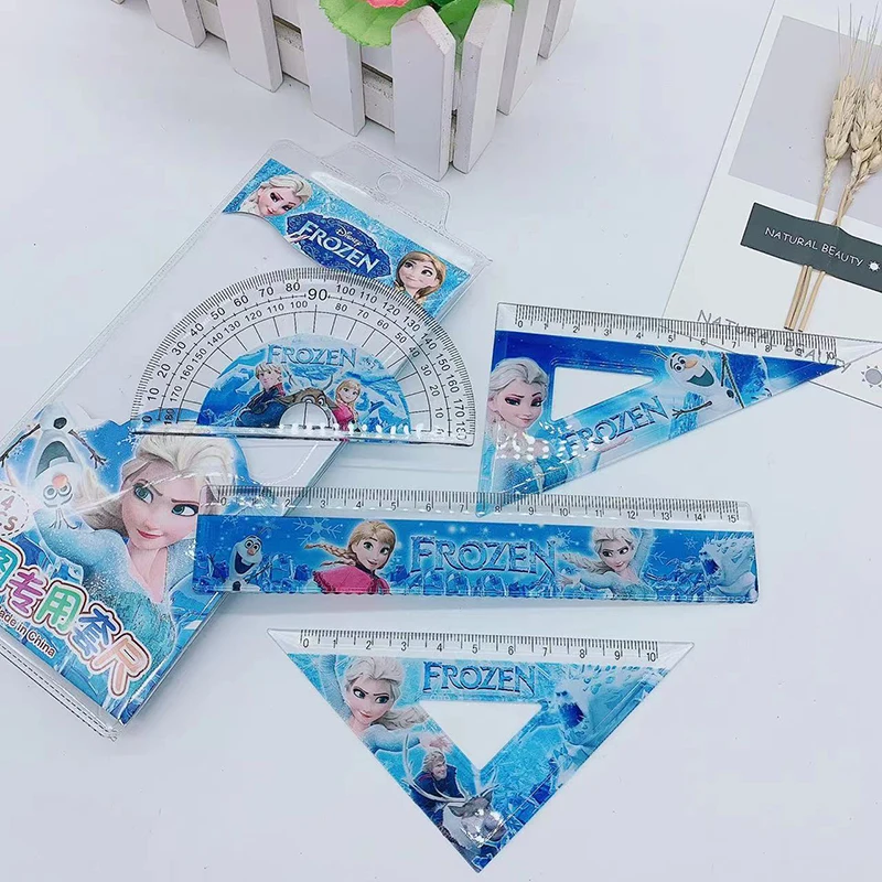 4pcs/set Disney Princess Plastics Ruler Miniso Frozen Elsa Ariel Cartoon Figure Stationery School Office Triangular Protractor