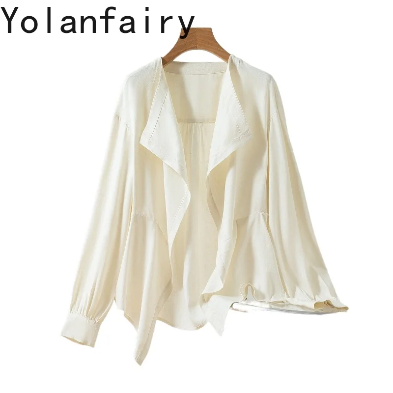 

YOLANFAIRY 100% Real Mulberry Silk Shirts Woman Clothing 2026 Elegant Long Sleeve Cardigan Womens Tops Irregular Design Blouses