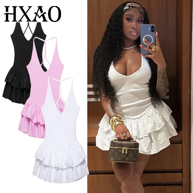 Hxao sólido vestidos curtos 2025 mulher verão sexy sem costas vestido de festa halter fora do ombro em camadas mini vestido com decote em v vestido de verão 088