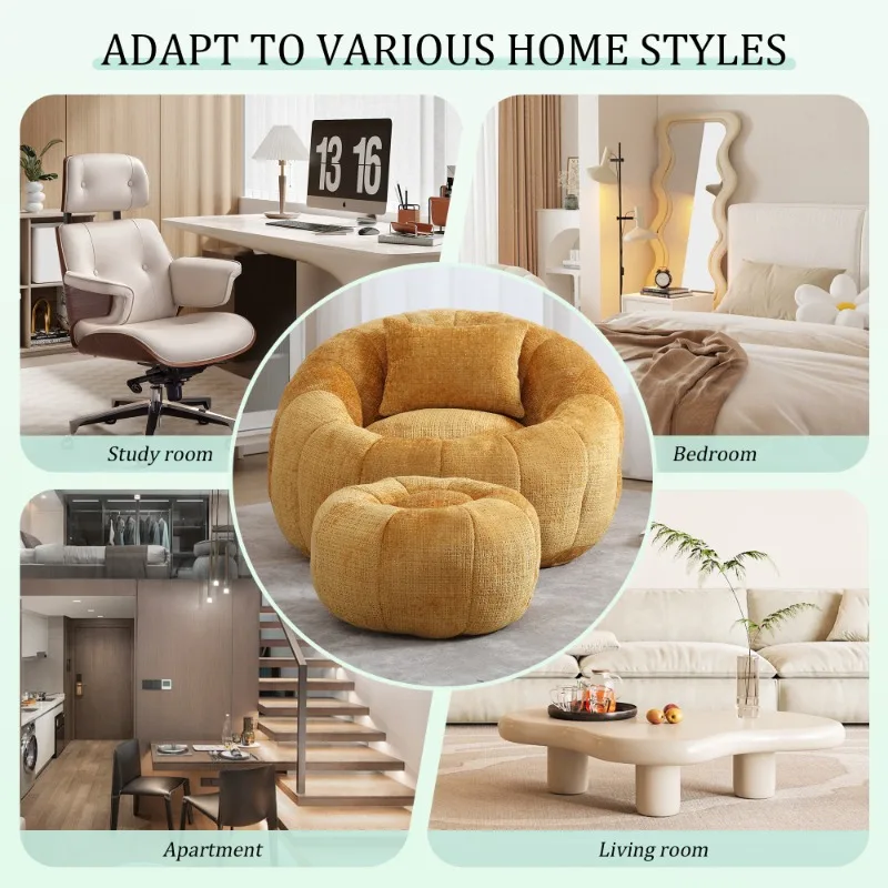 Yellow Corduroy Bean Bag Chair with Ottoman Comfortable Living Room Lounge Chair Soft Single Sofa Home Decor Furniture