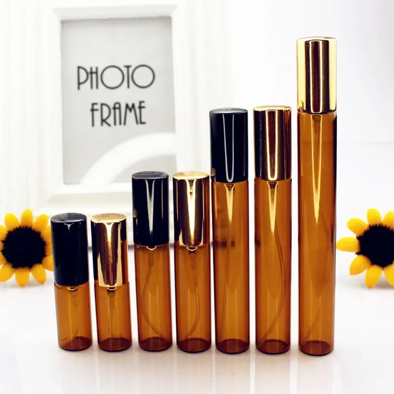 5pcs/lot 5ML 10ML 15ML 20ML Amber Glass Spray Bottle Sample Thin Glass Vials Portable Mini Perfume Atomizer Gold Silver Cap