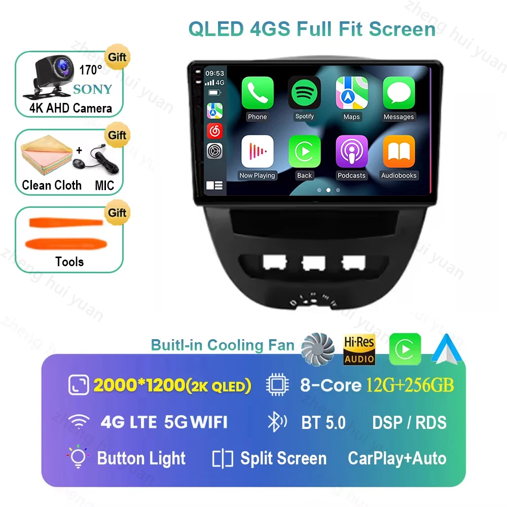 Voor Peugeot 107 Toyota Aygo Citroen C1 2005-2014 Android 16 Carplay & Auto Autoradio Navigatie Multimedia Stereo Speler BT QLED