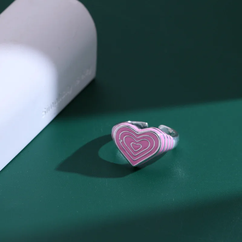 

925 Sterling Silver Pink Heart Enamel ​Adjustable Women's Engagement Ring Wedding Jewelry Wholesale