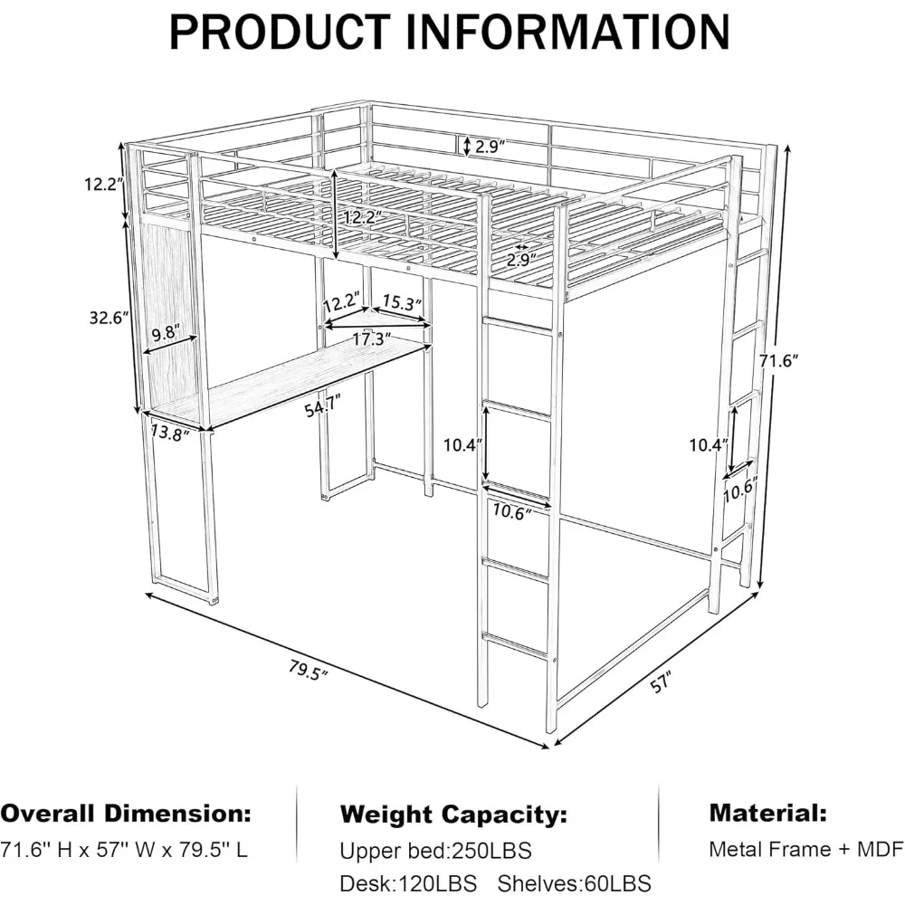 Metal Loft Bed with 2 Shelves and One Desk, Noise Free, No Box Spring Needed, Easy Assembly, Full Size, Black