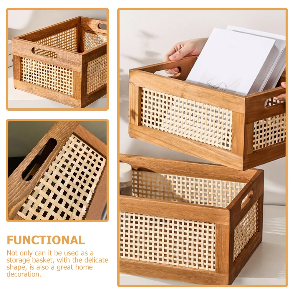 

Large Solid Wood Storage Basket 30x20x14cm Woven ganizer Decorative Bathroom Bedroom Book Holder Desktop Lightweight Toy Snack