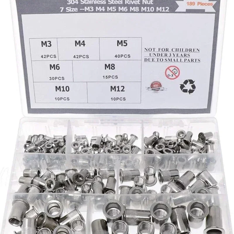 189Pcs Threaded Rivet Nut Set Flat Head Threaded Rivet Insert Nutsert Cap Rivet Nut Kit Assortment M3/4/5/6/8/10/12