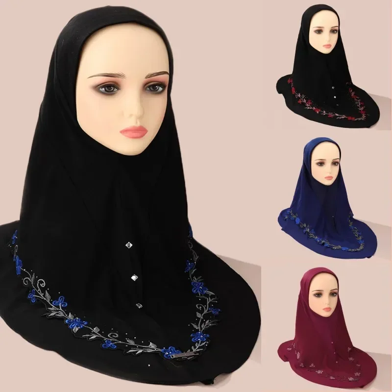 Embroidery Floral Hijab Arab Solid Color Turban Islamic Fashion Khimar Muslim Soft Women Wear Directly Instant Hijab Scarf