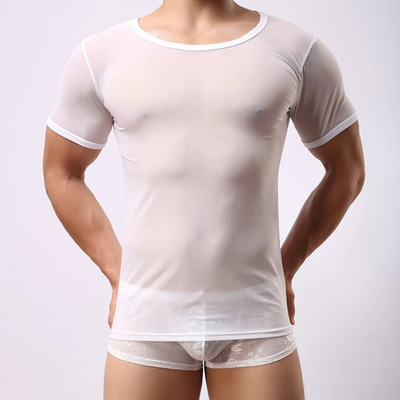

Man Undershirt/Men Sexy Mesh Sheer Basic Shirts/Male Mesh Transparent O-neck Gay Short Sleeves Slimming Undershirts Inner Tops