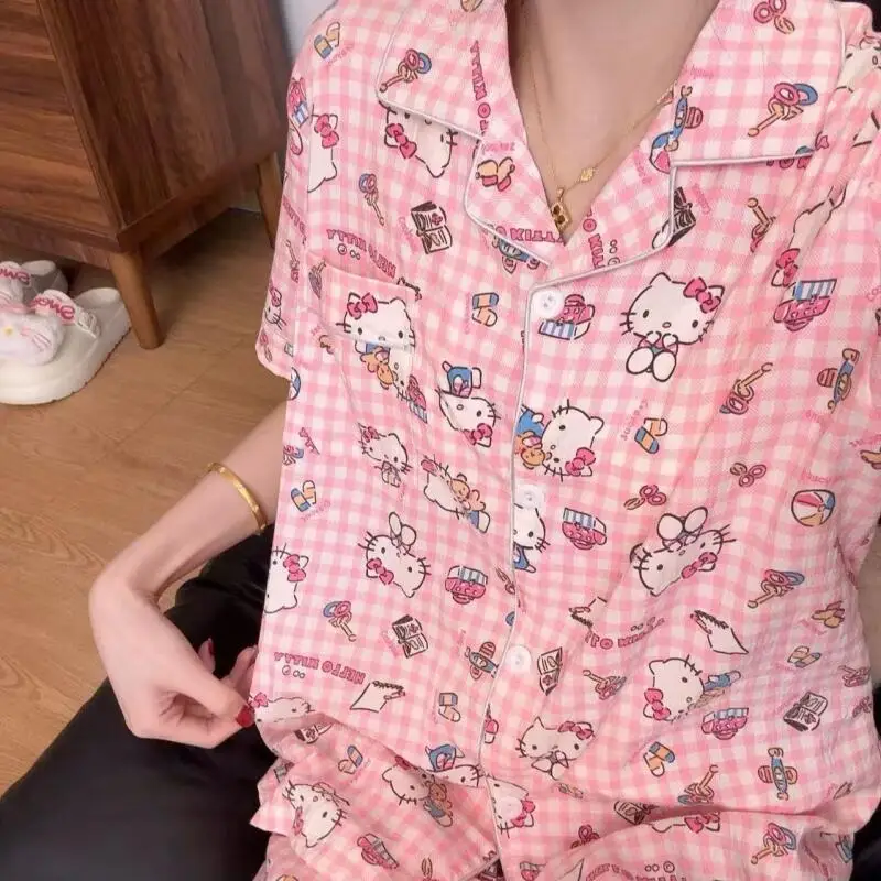 

Sanrio New Pajamas Hello Kitty Sweet Kawaii Pajama Summer New Cloud Cotton Double Short Lapel Set Cartoon Ins Home Clothing