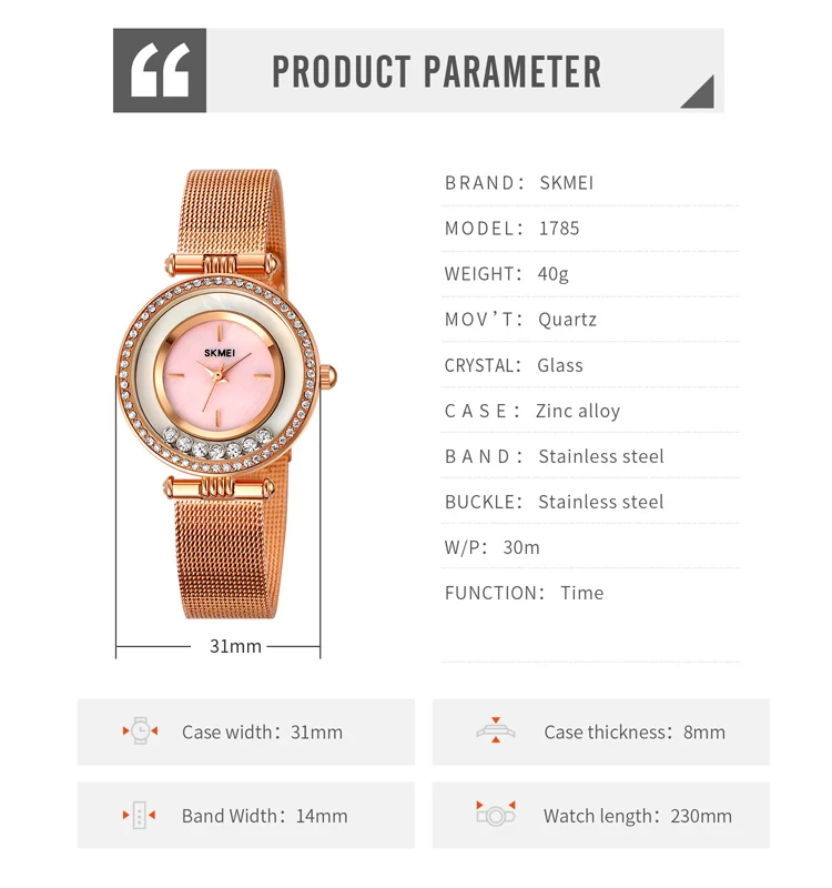 SKMEI ชุดนาฬิกาผู้หญิงเพชรที่มีสไตล์ประดับพลอยเทียมหรูหราหน้าปัดมุกเรียบง่ายละเอียดอ่อนแผ่นควอตซ์1785
