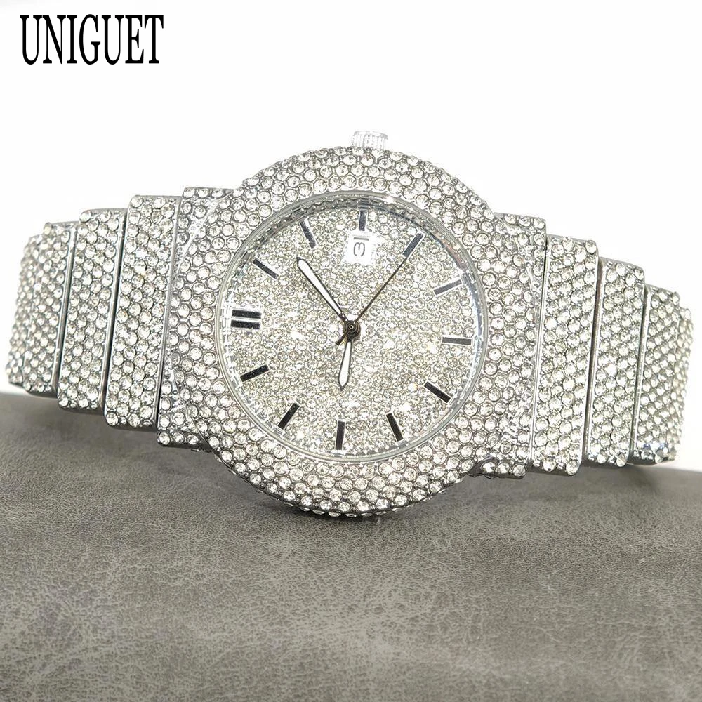 

Горячий бренд UNIGUET, мужские роскошные кварцевые часы, модный ремешок из сплава в стиле хип-хоп с бриллиантом AAA, наручные часы с датой, лучший бренд, оригинальный подарок для мужчины