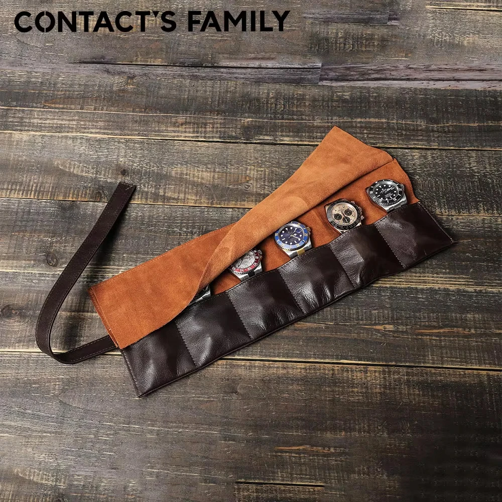 Luxury Watch Travel Case - 100%本物の牛革製腕時計ロールケース 6スロット CONTACT'S FAMILY 高級手作り旅行用ポータブル腕時計ホルダー