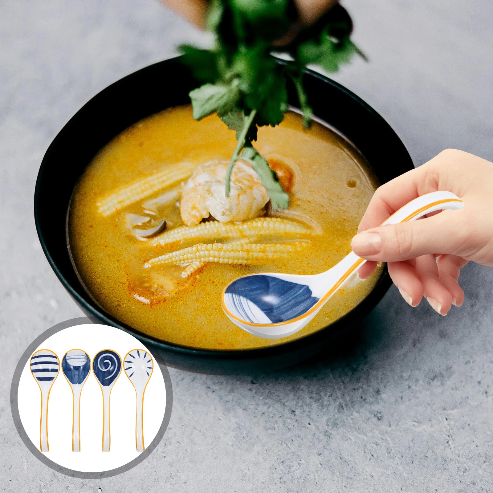 

4Pcs Japanese Style Ceramic Soup Spoon Set Floral Pattern Durable Porcelain for Asian Food Dumplings Noodles Ceramic Soup Spoon