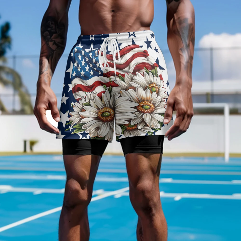 Мужские шорты для бега 2 в 1, быстросохнущие спортивные шорты с подкладкой, шорты для тренировок, пляжная одежда с американским флагом Freedom