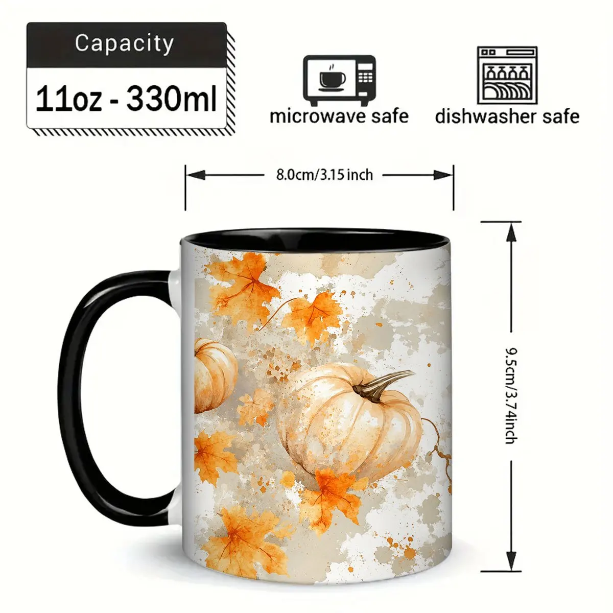 1pc 11oz Multicolor Mug Autumn Pumpkin And Maple Leaf Watercolor Pattern Fall Harvest Theme Daily Use Ideal Gift for Friends Family Colleagues On Thanksgiving Halloween Birthday Housewarming Occasions