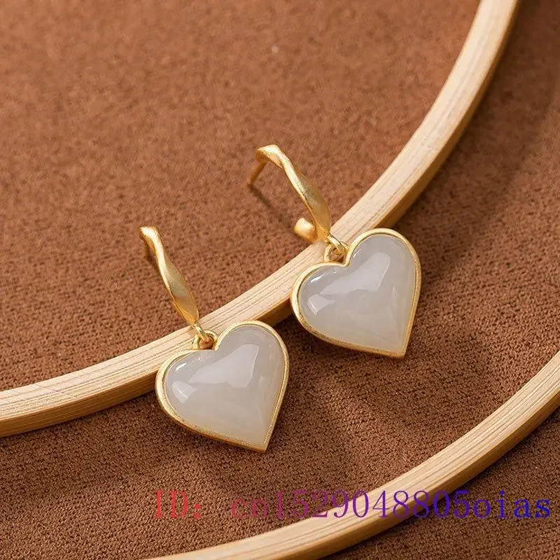 White Jade Heart Ear studs Chalcedony Charm Zircon Earrings Women Gifts Natural Crystal Lucky Amulet Gemstone Jewelry