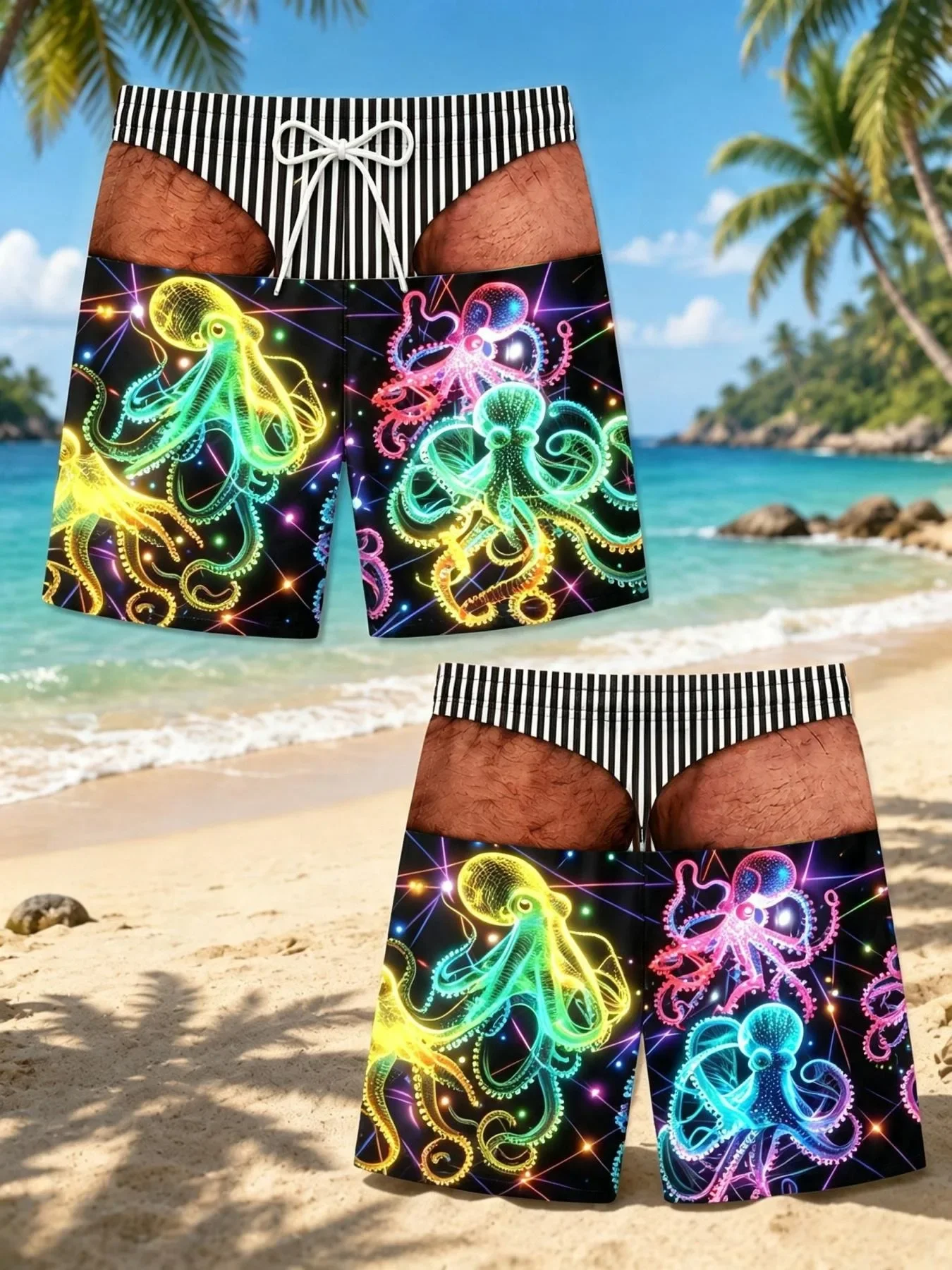 Men Women Neon Octopus 3D Print Sports Quick-Dry Swim Fun Furry Waist Shorts Pool Vacation Halloween Cosplay Party Beach Shorts