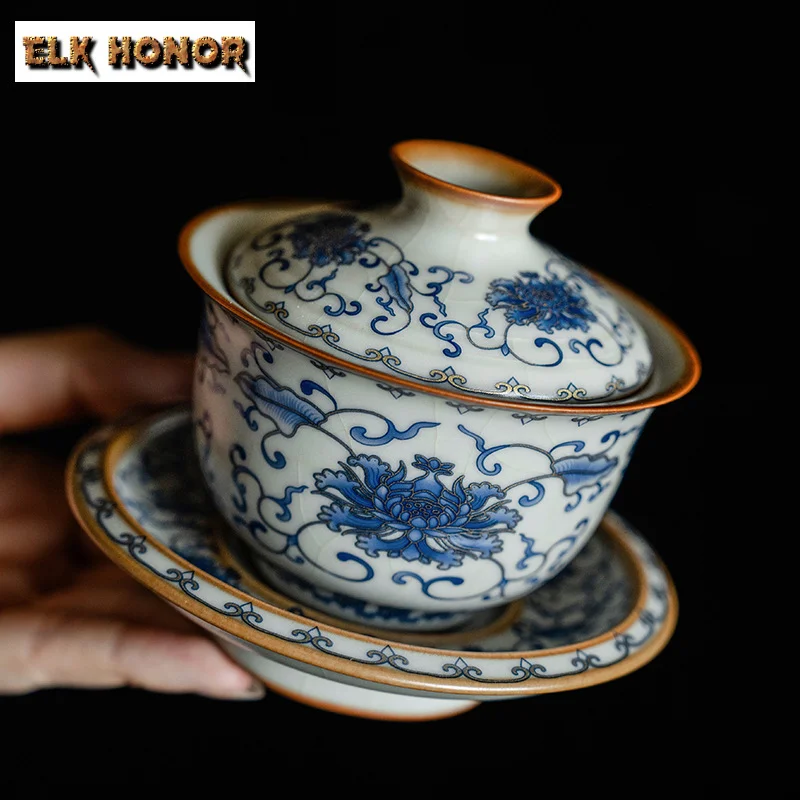 150ml Antique Ru Kiln Cover Bowl Blue And White Entwined Lotus Tea Tureen Boutique Cracked Glaze Gaiwan Tea Brewing Cafes Gifts