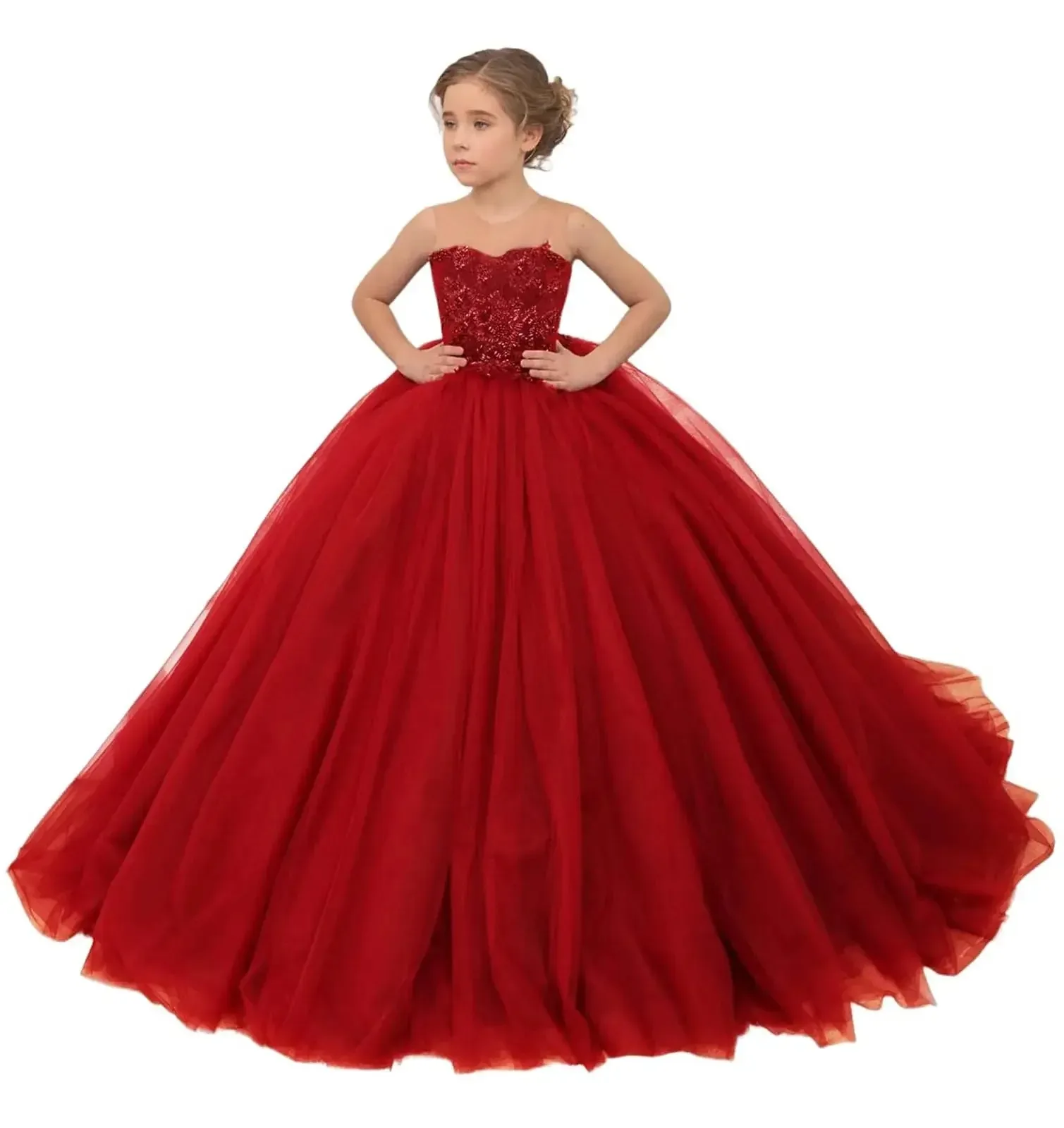

Customized Flower Girl Dress for Weddings Toddlers Beaded Lace Applique Princess Pageant Frock Sheer Birthday Party Ball Gown
