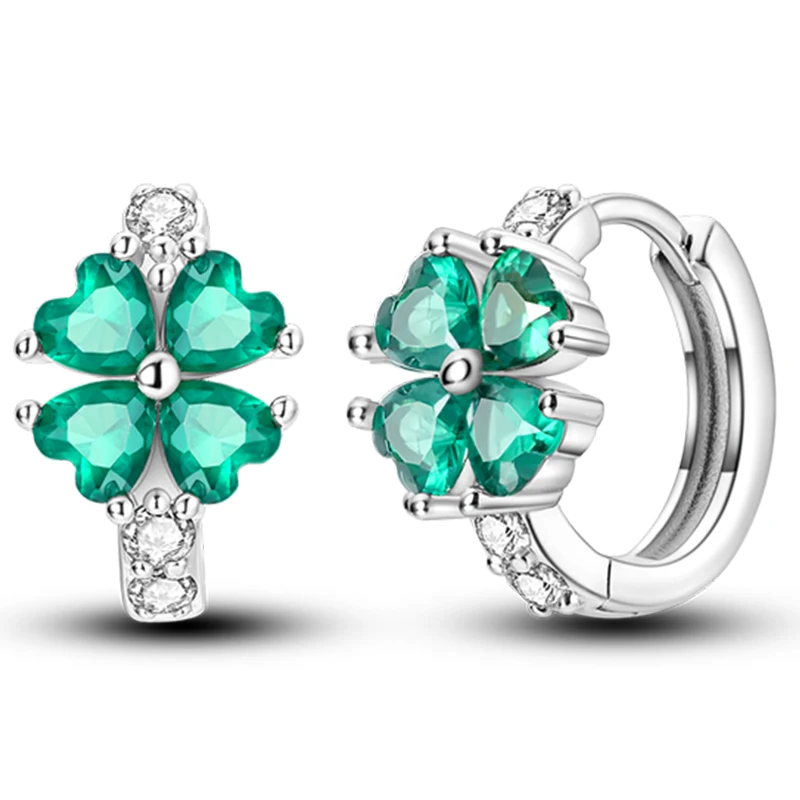 Damen 925 Sterling Silber Klassische Kleeblatt-Creolen Funkelnde CZ Zirkon Ohrringe für Jubiläum Hochzeit Schmuck Geschenke