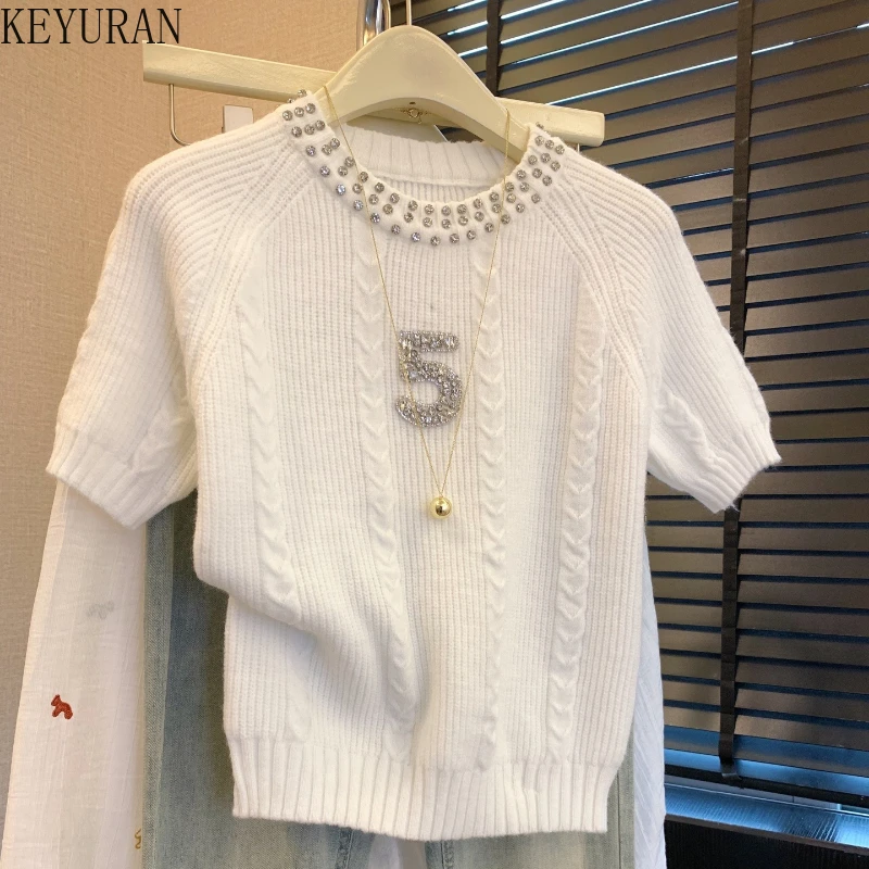 

Летний свитер с круглым вырезом и коротким рукавом 2026: Элегантный женский вязаный пуловер в корейском стиле, универсальный свободный джемпер для женщин