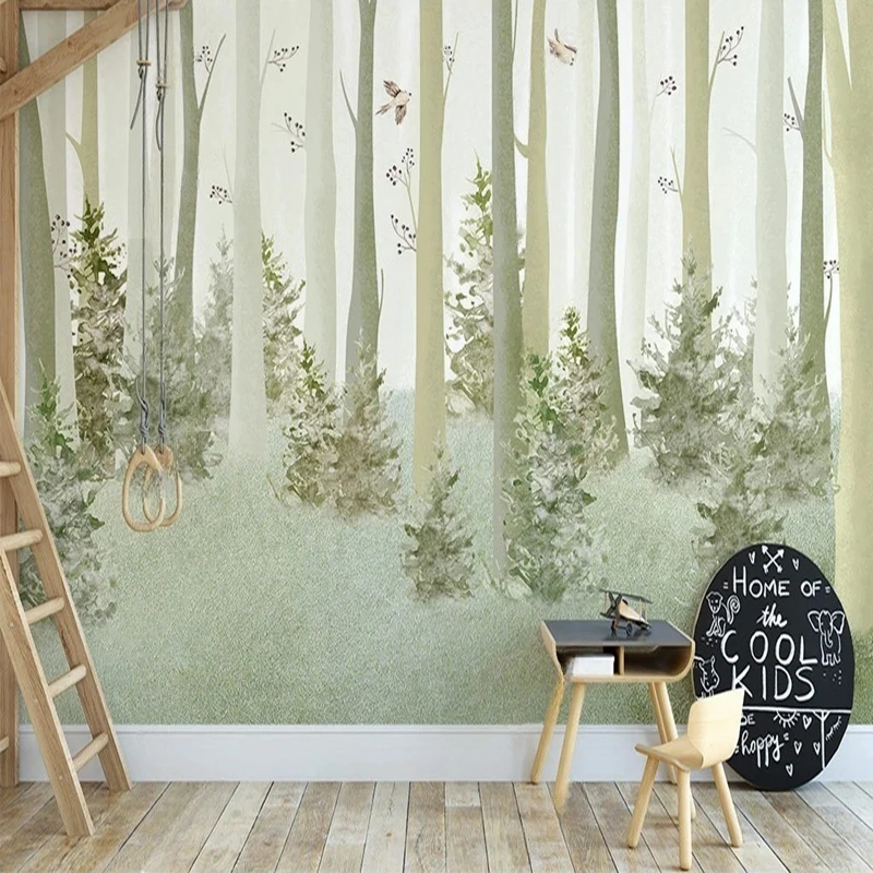 Original Nordic-style hand-drawn fresh pine forest with small animals art as the children's room background wall