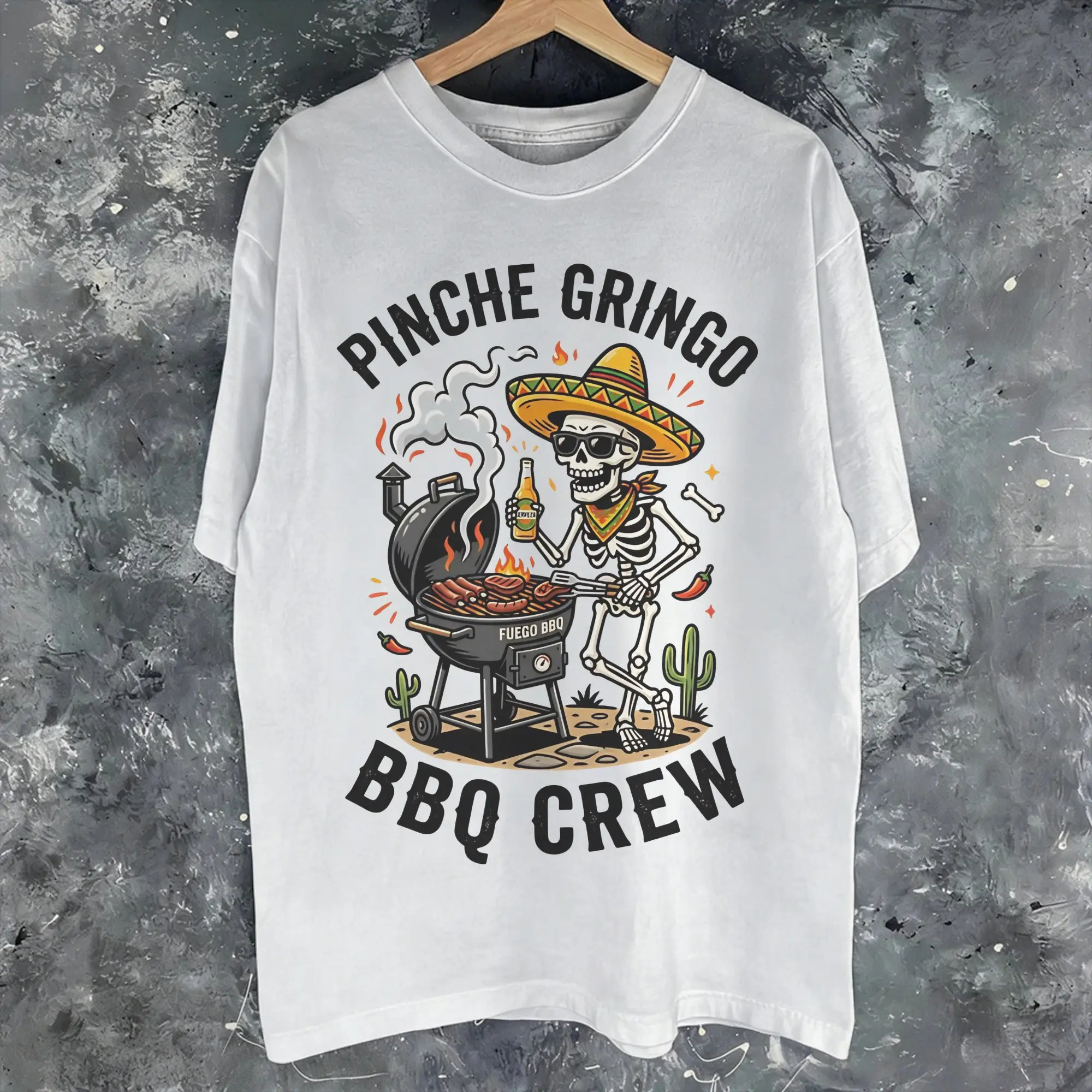 Pinche Gringo BBQ Crew Skeleton Grilling Beer Graphic Printing T Shirt for Men Women  Cotton  Tee Shirt Clothing