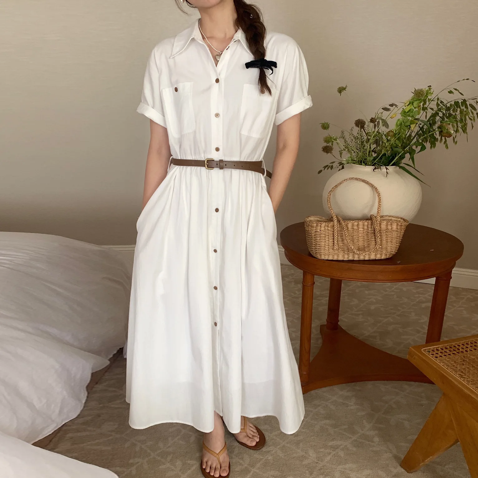

Womens Dress 2026 Spring Summer New Korean Version Simple Casual Temperament Single Row Shirt Dress Daily Wear