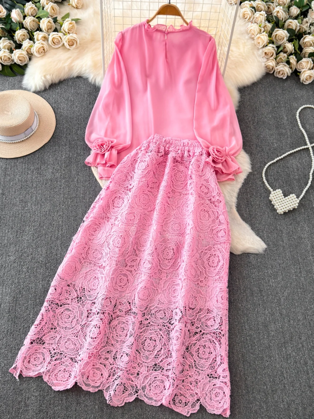 Blusa de gasa con cuello redondo Retro para mujer, conjunto de media falda adeazante con empalme de encaje, orme de tra...