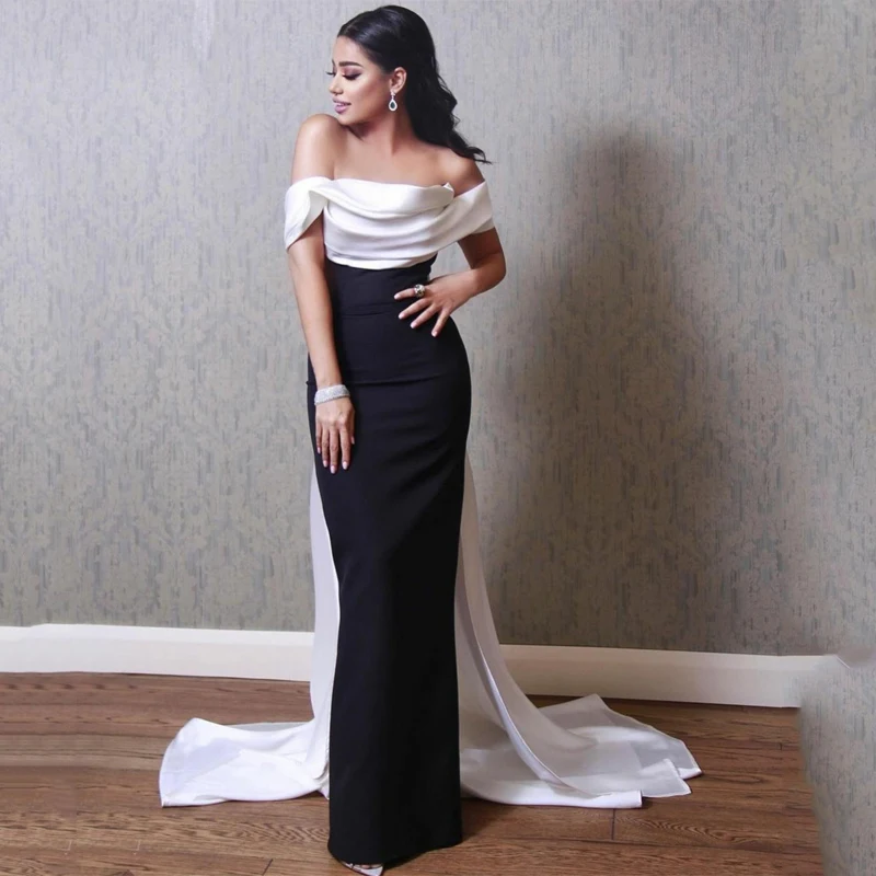 

2024 Black and White Evening Dresses Picks Up Off Shoulder Vestidos De Noche Largos Elegantes Sexy Back Long Maid of Honor Prom