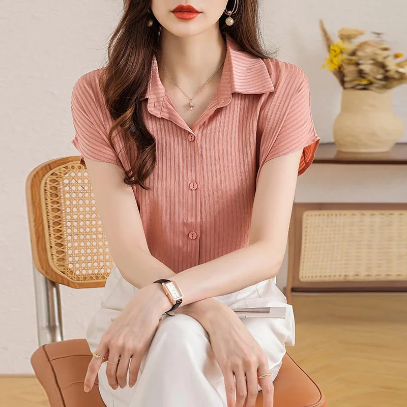 Women Clothing Elegant Fashion Solid Chiffon Shirt Summer Casual Loose Sagging Sensation Short Sleeve Blouses Chic Slim Tops