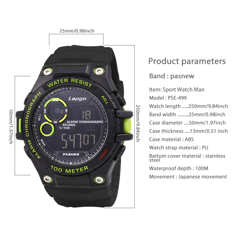 Waterproof Digital Watch Men Chronograph Large Electronic Handwatch Boy Diver Stopwatch Underwater Fashion Sport Wristwatch Male