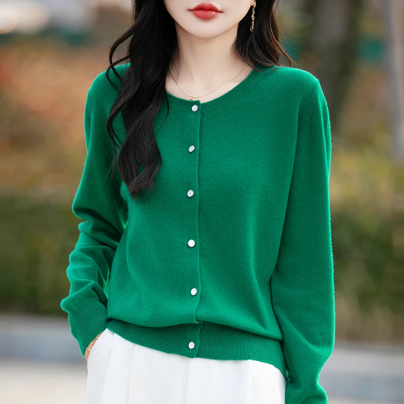 ขนสัตว์ Merino 100% ถักเสื้อสเวตเตอร์ถักสุภาพสตรีรอบคอหลวมเสื้อลําลองผู้หญิงเสื้อแจ็คเก็ตฤดูใบไม้ร่วงและใหม่สีทึบเสื้อ