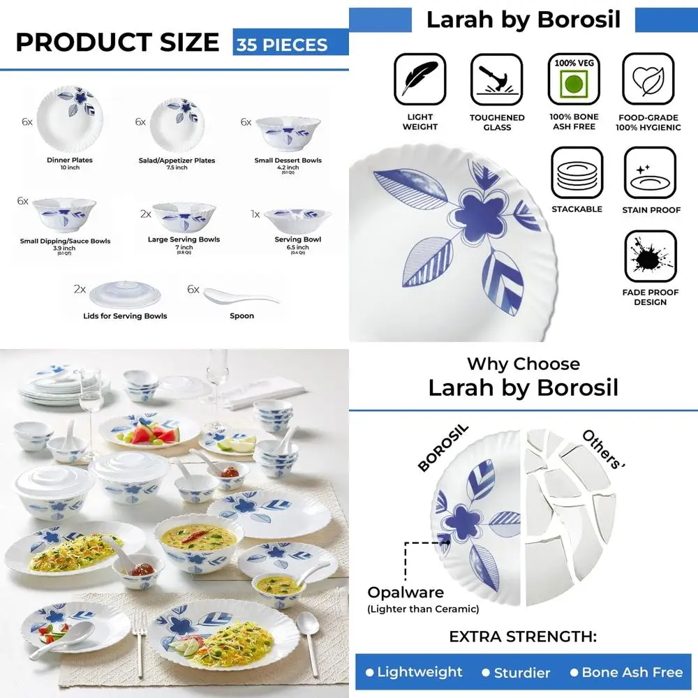 

35-Piece Opal Glass Dinnerware Set, White, Tempered, Stain and Chip Resistant, Dishwasher & Microwave Safe, Serves 6